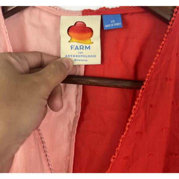 Anthropologie Farm Rio Pink Red Colorblock Wrap Blouse XS Cotton Swiss Dot Puff - Picture 3 of 10